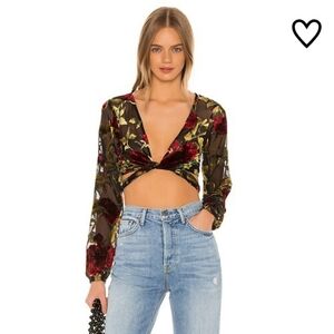 Superdown Sheer Velvet Floral Wrap Crop Top XS